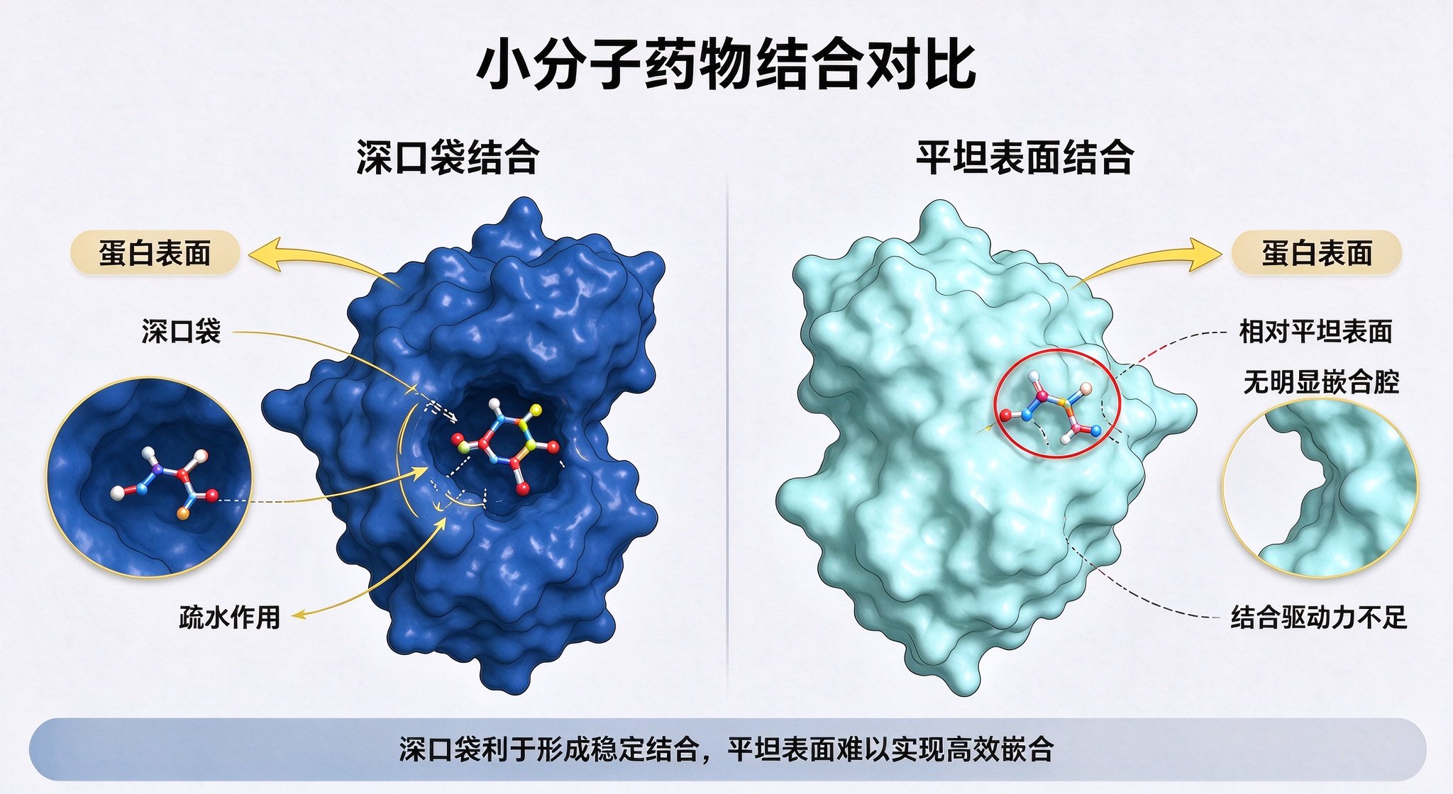 小分子药物在深口袋与平坦 PPI 表面的结合对比
